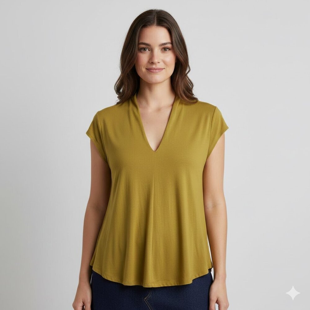Alembika Chartreuse V-Neck High-Low Top - Artsy Lagenlook Tunic - Size 2 - US 8